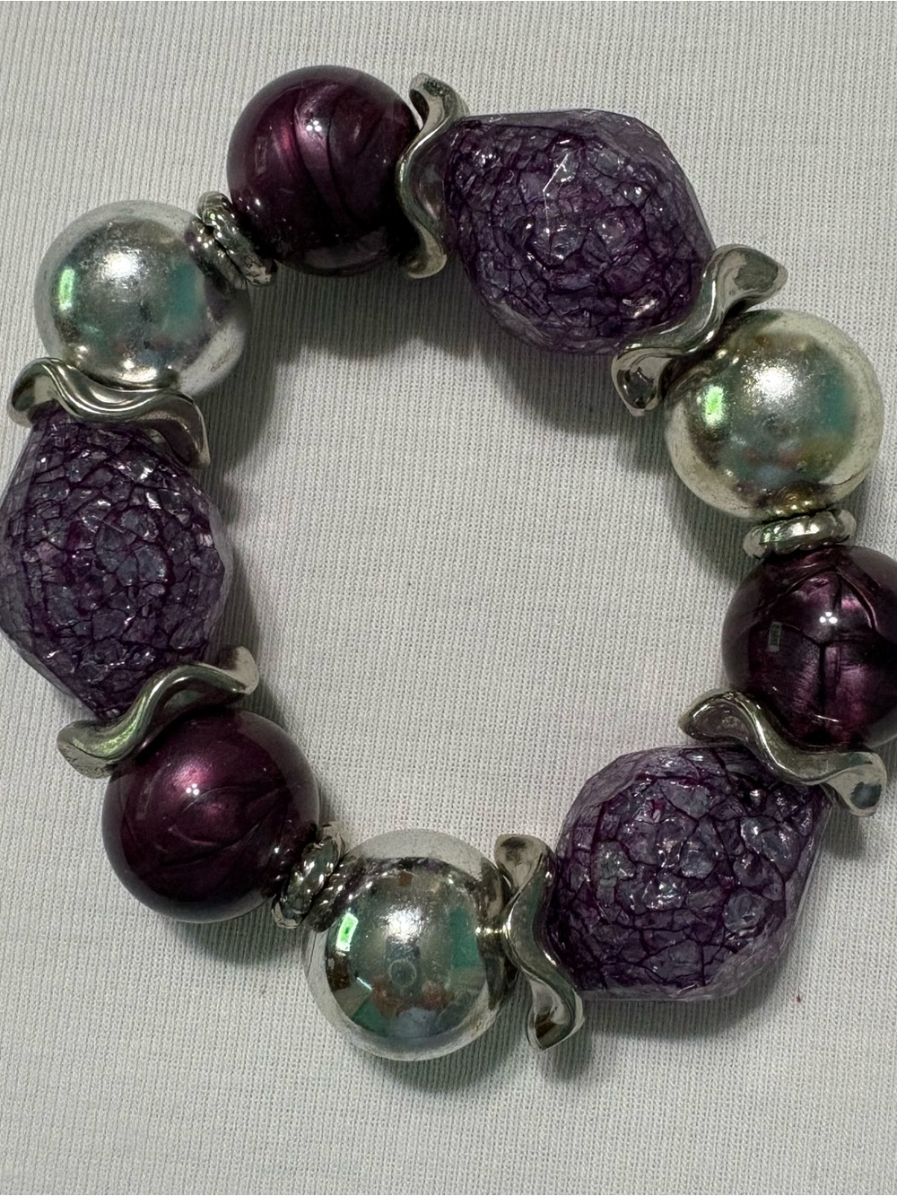 Chunky Purple Silver Tone Stretch Bracelet Crackle Beads Statement Jewelry